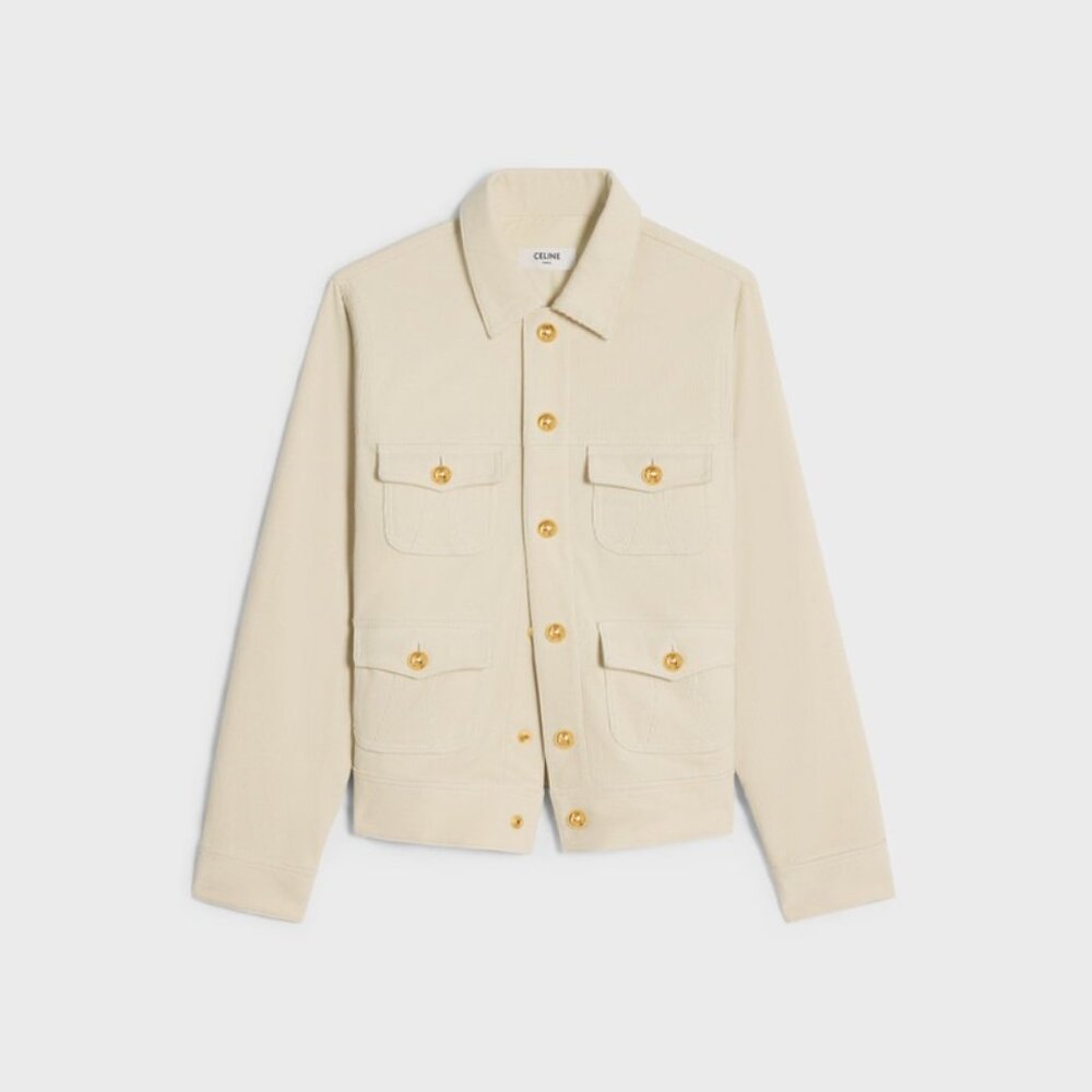 CELINE Beige Cotton Corduroy TRIOMPHE Trucker Pockets Collared Slim Jacket XS